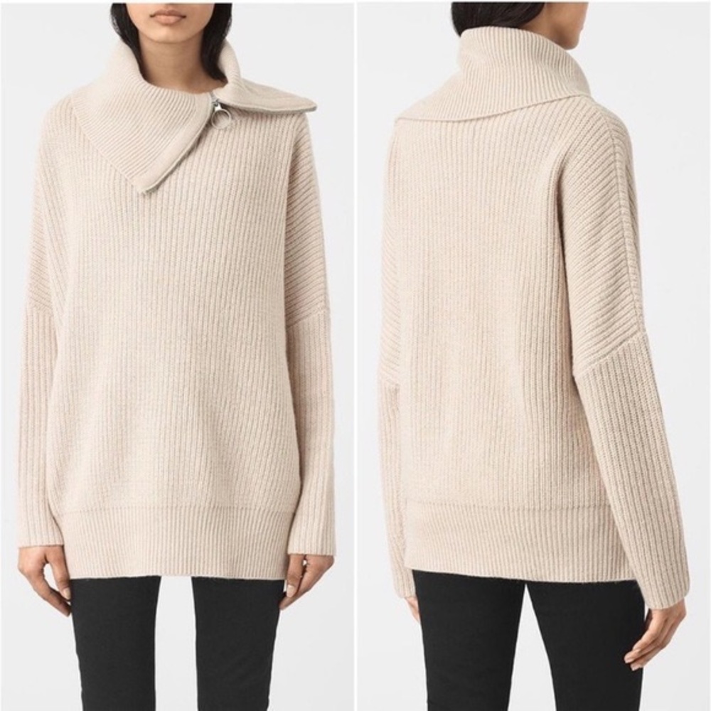 AllSaints Kadine Roll Neck Sweater Pullover Zipper in Pink